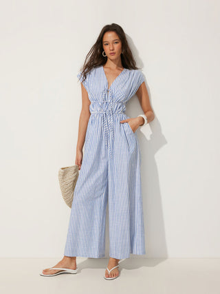 Cotton-blend V-neck Stripes Drawstring Wide Leg Jumpsuit