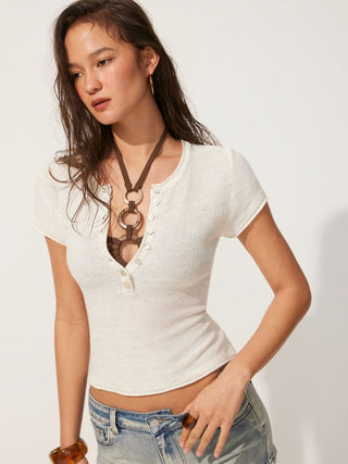 Linen-blend Henley Neck Short Sleeve Top