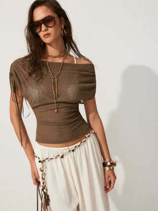 Linen-blend Linen-blend See-Through Off-shoulder Drawstring Top For Daily Casual Work