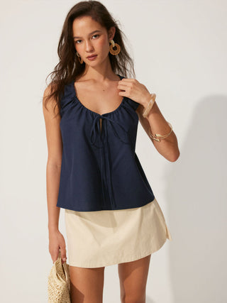 Linen-blend Linen-blend Tie-front Sleeveless Blouse For Daily Casual Work
