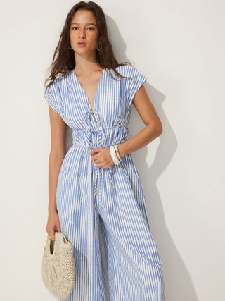 Cotton-blend V-neck Stripes Drawstring Wide Leg Jumpsuit