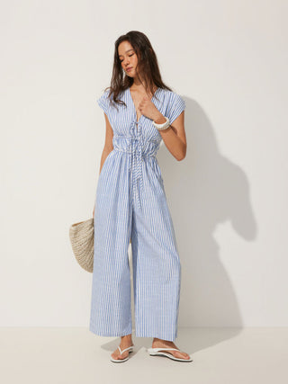 Cotton-blend V-neck Stripes Drawstring Wide Leg Jumpsuit