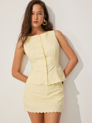 Linen-blend Sleeveless Curved Hem knotted Top & A-line Mini Skirt Set