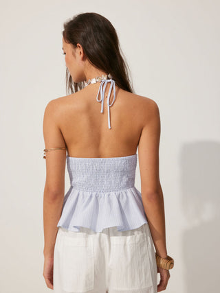 Cotton-blend Striped Halter Neckline Drawstring Peplum Hem Top