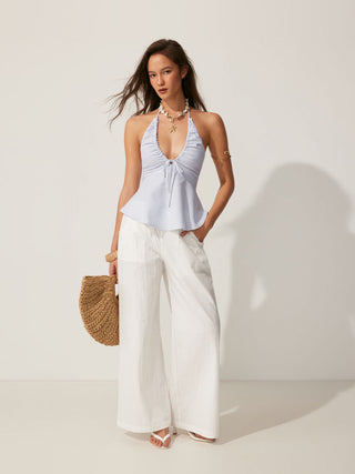Cotton-blend Striped Halter Neckline Drawstring Peplum Hem Top