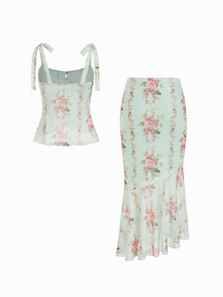 Mesh Mesh Floral Bowknot Cami Top & Mid Rise Maxi Skirt Set For Vacation