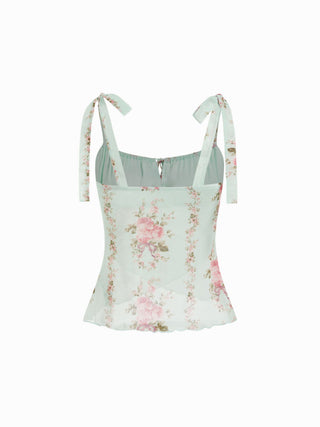 Mesh Mesh Floral Bowknot Cami Top & Mid Rise Maxi Skirt Set For Vacation