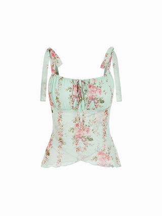 Mesh Mesh Floral Bowknot Cami Top & Mid Rise Maxi Skirt Set For Vacation