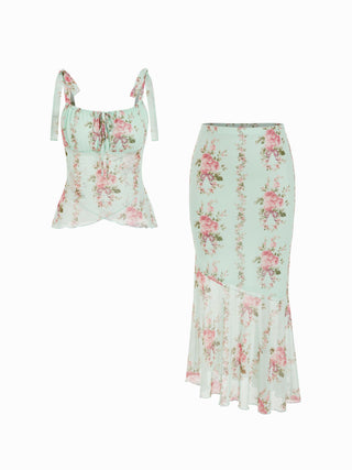 Mesh Mesh Floral Bowknot Cami Top & Mid Rise Maxi Skirt Set For Vacation