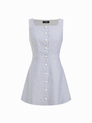 Linen-blend Linen-blend Braided Button Back Belt Square Neck Mini Dress For Daily Casual Work