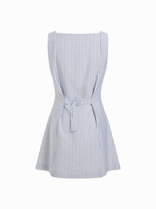 Linen-blend Linen-blend Braided Button Back Belt Square Neck Mini Dress For Daily Casual Work