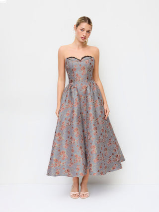 Jacquard Jacquard Sculptural Floral Bandeau Lace Trim Bowknot A-line Maxi Dress For Party/Clubbing Wedding