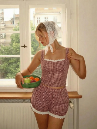 Woven Cotton Square Neck Lace Panel Gingham Top & Mid Rise Bubble Hem Shorts Set For Daily Casual