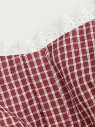 Woven Cotton Square Neck Lace Panel Gingham Top & Mid Rise Bubble Hem Shorts Set For Daily Casual
