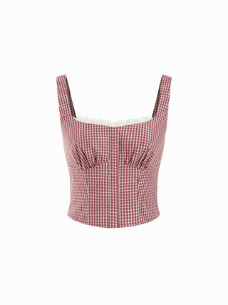 Woven Cotton Square Neck Lace Panel Gingham Top & Mid Rise Bubble Hem Shorts Set For Daily Casual