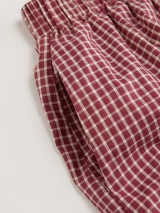 Woven Cotton Square Neck Lace Panel Gingham Top & Mid Rise Bubble Hem Shorts Set For Daily Casual