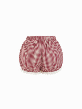 Woven Cotton Square Neck Lace Panel Gingham Top & Mid Rise Bubble Hem Shorts Set For Daily Casual