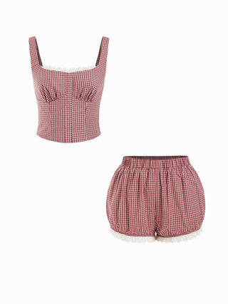Woven Cotton Square Neck Lace Panel Gingham Top & Mid Rise Bubble Hem Shorts Set For Daily Casual