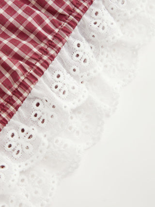 Woven Cotton Square Neck Lace Panel Gingham Top & Mid Rise Bubble Hem Shorts Set For Daily Casual