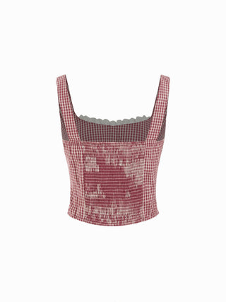 Woven Cotton Square Neck Lace Panel Gingham Top & Mid Rise Bubble Hem Shorts Set For Daily Casual