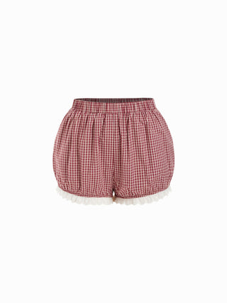 Woven Cotton Square Neck Lace Panel Gingham Top & Mid Rise Bubble Hem Shorts Set For Daily Casual