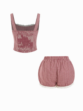 Woven Cotton Square Neck Lace Panel Gingham Top & Mid Rise Bubble Hem Shorts Set For Daily Casual