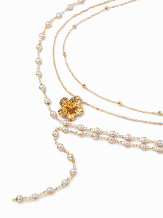 FLOWER & FAUX PEARL LAYERED NECKLACE
