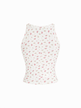 Cotton-blend Floral Scoop Neck Crop Tank Top