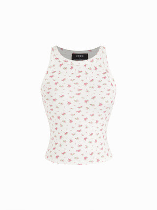 Cotton-blend Floral Scoop Neck Crop Tank Top
