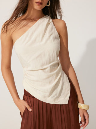 Linen-blend Asymmetrical Neck Ruched One-Shoulder Top