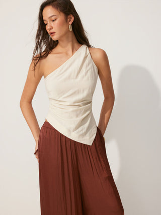 Linen-blend Asymmetrical Neck Ruched One-Shoulder Top
