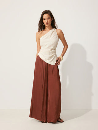 Linen-blend Asymmetrical Neck Ruched One-Shoulder Top