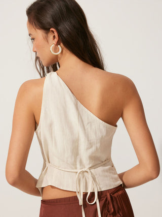 Linen-blend Asymmetrical Neck Ruched One-Shoulder Top