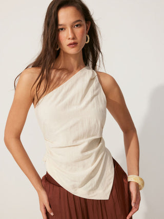 Linen-blend Asymmetrical Neck Ruched One-Shoulder Top