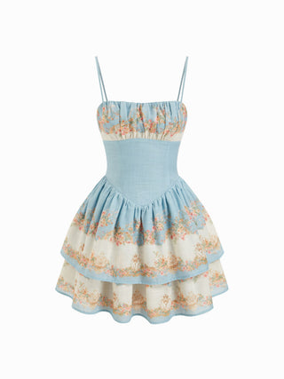 Sculptural Square Neck Floral Tiered Flared Mini Cami Dress