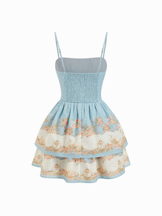 Sculptural Square Neck Floral Tiered Flared Mini Cami Dress