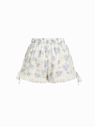 Woven Cotton-blend Floral Lace Trim Ruffle Bowknot Bloomer Micro Shorts For School Daily Casual Home