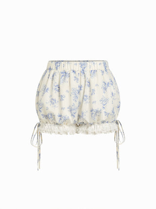 Woven Cotton-blend Floral Lace Trim Ruffle Bowknot Bloomer Micro Shorts For School Daily Casual Home
