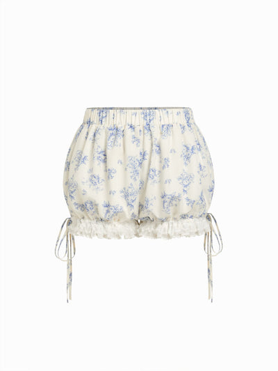 Woven Cotton-blend Floral Lace Trim Ruffle Bowknot Bloomer Micro Shorts For School Daily Casual Home