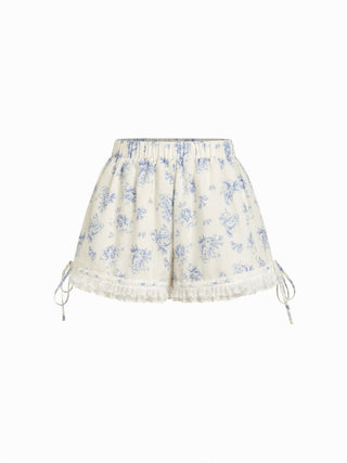 Woven Cotton-blend Floral Lace Trim Ruffle Bowknot Bloomer Micro Shorts For School Daily Casual Home
