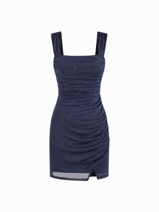 Glitter Square Neck Ruched Split Bodycon Mini Dress