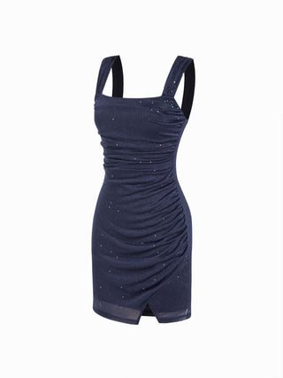 Glitter Square Neck Ruched Split Bodycon Mini Dress