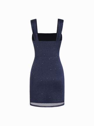 Glitter Square Neck Ruched Split Bodycon Mini Dress