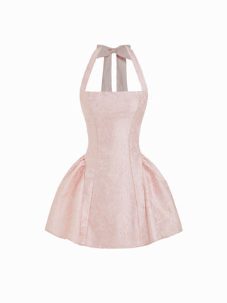 Jacquard Sculptural Halter Neckline Floral Bowknot Ruched Flared Mini Dress