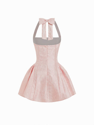 Jacquard Sculptural Halter Neckline Floral Bowknot Ruched Flared Mini Dress