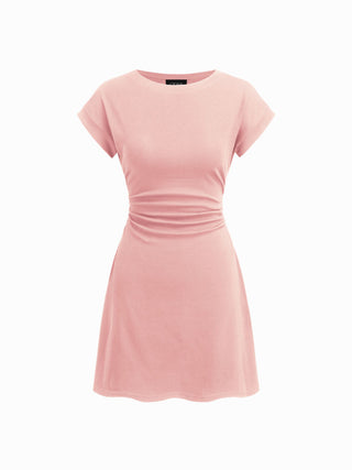 Cotton-blend Round Neckline Ruched Mini Dress