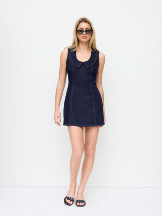 Stretch Washed Denim Collar Shirt Mini Dress