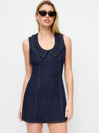 Stretch Washed Denim Collar Shirt Mini Dress