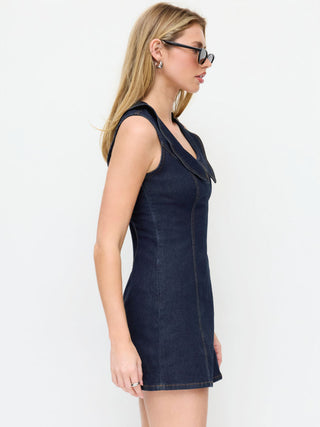 Stretch Washed Denim Collar Shirt Mini Dress