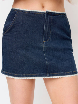Stretch Denim High Rise Lace Trim Pencil Mini Skirt